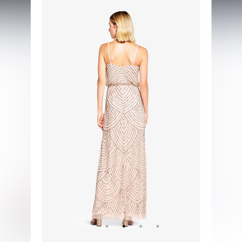 ADRIANNA PAPELL ART DECO BEADED BLOUSON GOWN IN TAUPE PINK SIZE 16 - Picture 3 of 17